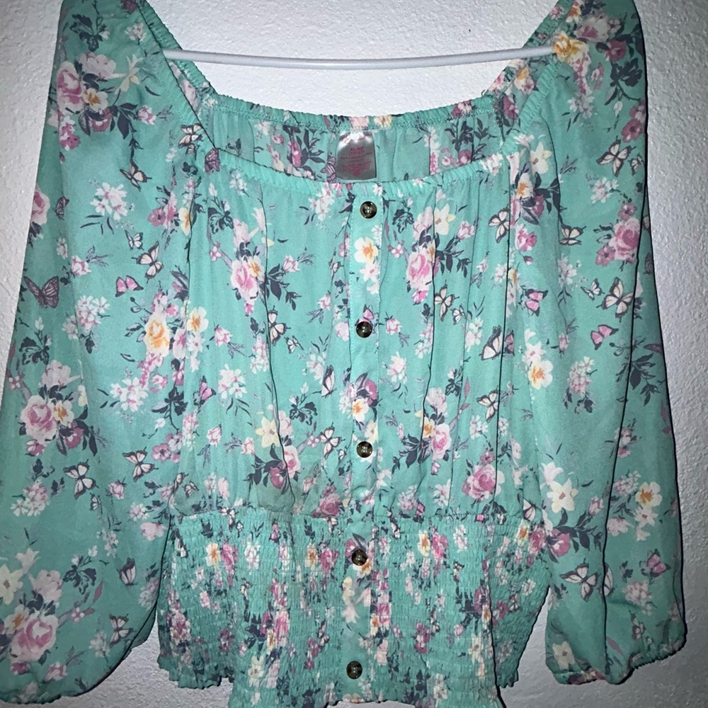 No Boundaries Mint Floral Off-Shoulder Button Front Top
